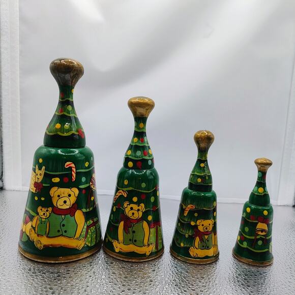 Vintage Wooden Christmas Bells Set of 4 - Picture 1 of 16